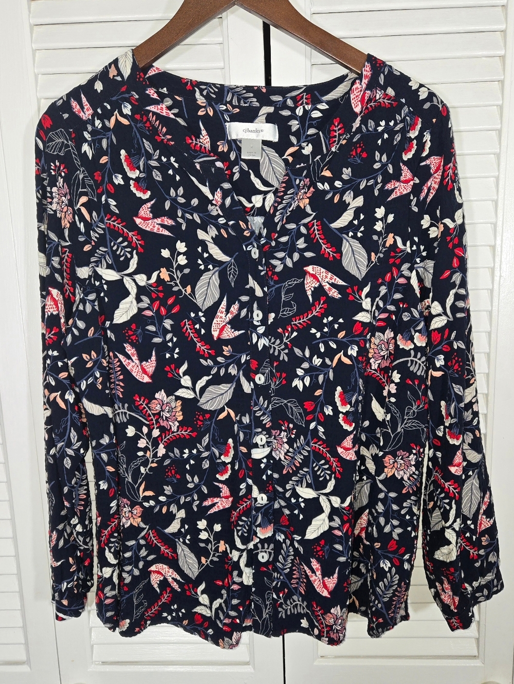 CJ Banks Navy Flowers Birds Long Sleeve Button Front Flowy Relaxed Blouse Sz X